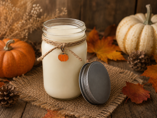 Mason Jar Candle with Pumpkin Charm: Mulled Cider