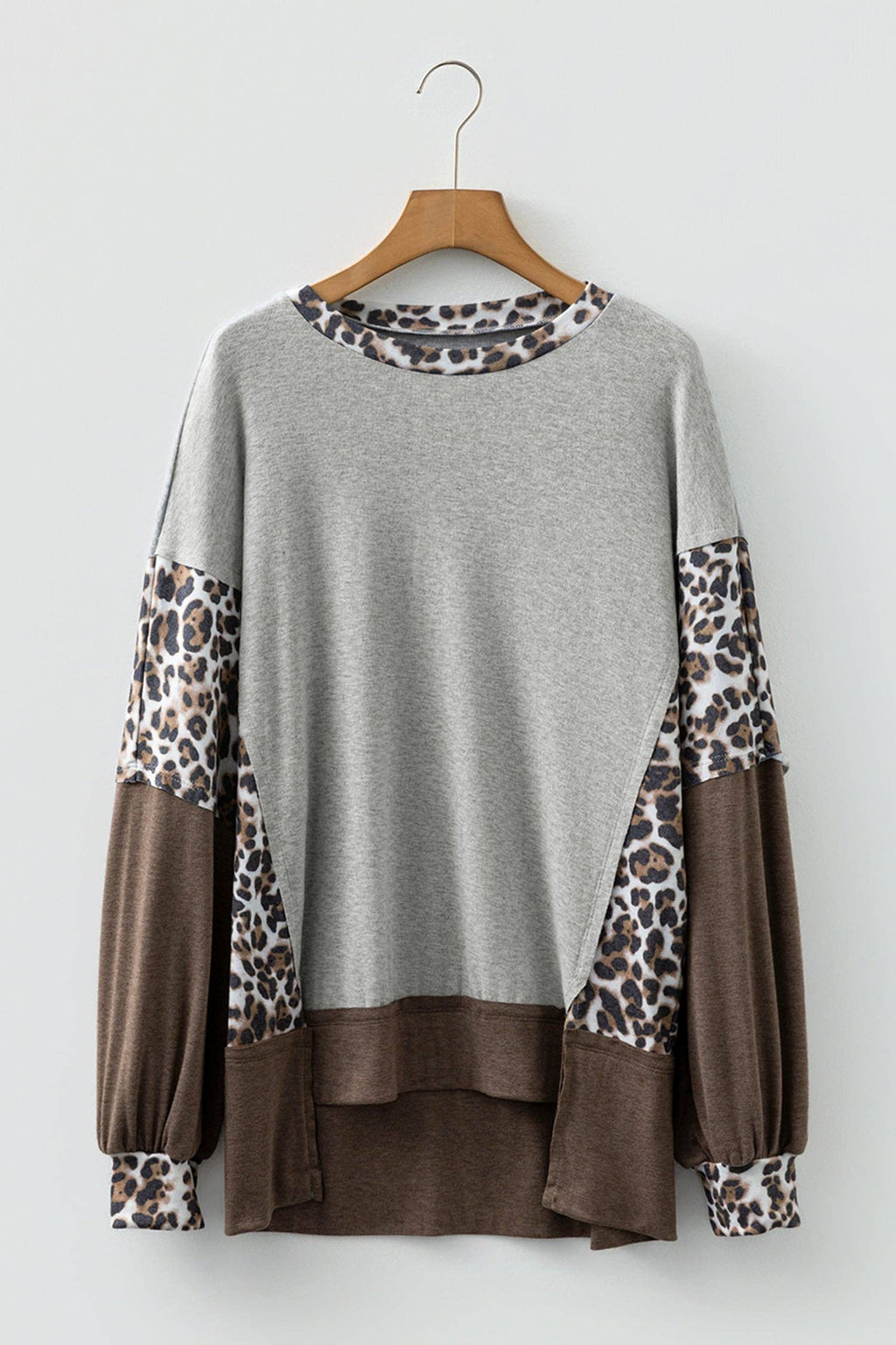 Color Block Leopard Dolman Sleeve High Low Baggy Sweatshirt: Light Pink / 75%Polyester+20%Viscose+5%Elastane / XL