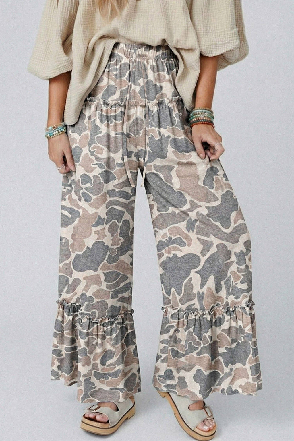 Camo Print Wide Leg Casual Pants: Multicolour / 95%Polyester+5%Elastane / XL