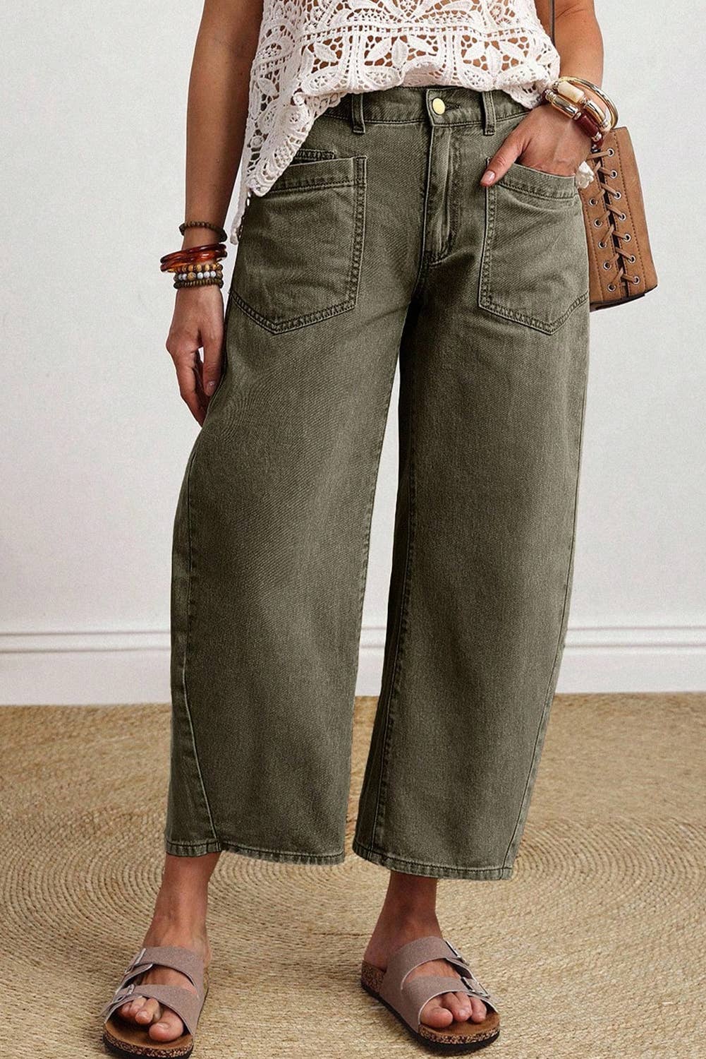 66 Solid Color Square Patch Pocket Ankle-length Barrel Jeans: Brown / 4
