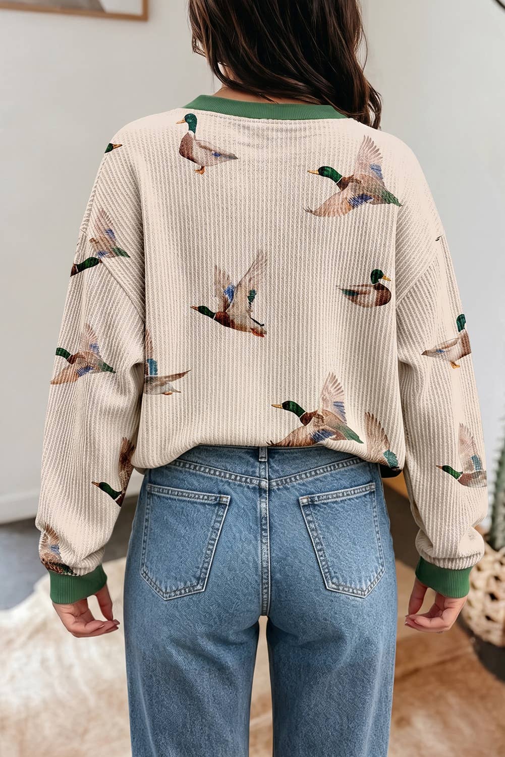 Twisted Ribbed Duck Crewneck Casual Pullover Sweatshirt: Beige / S