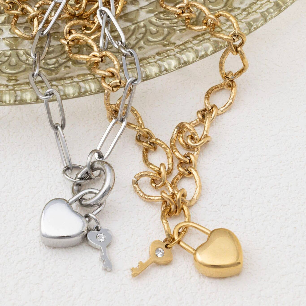 18K Gold PVD Stainless Steel Heart Lock and Key Charm: Stainless