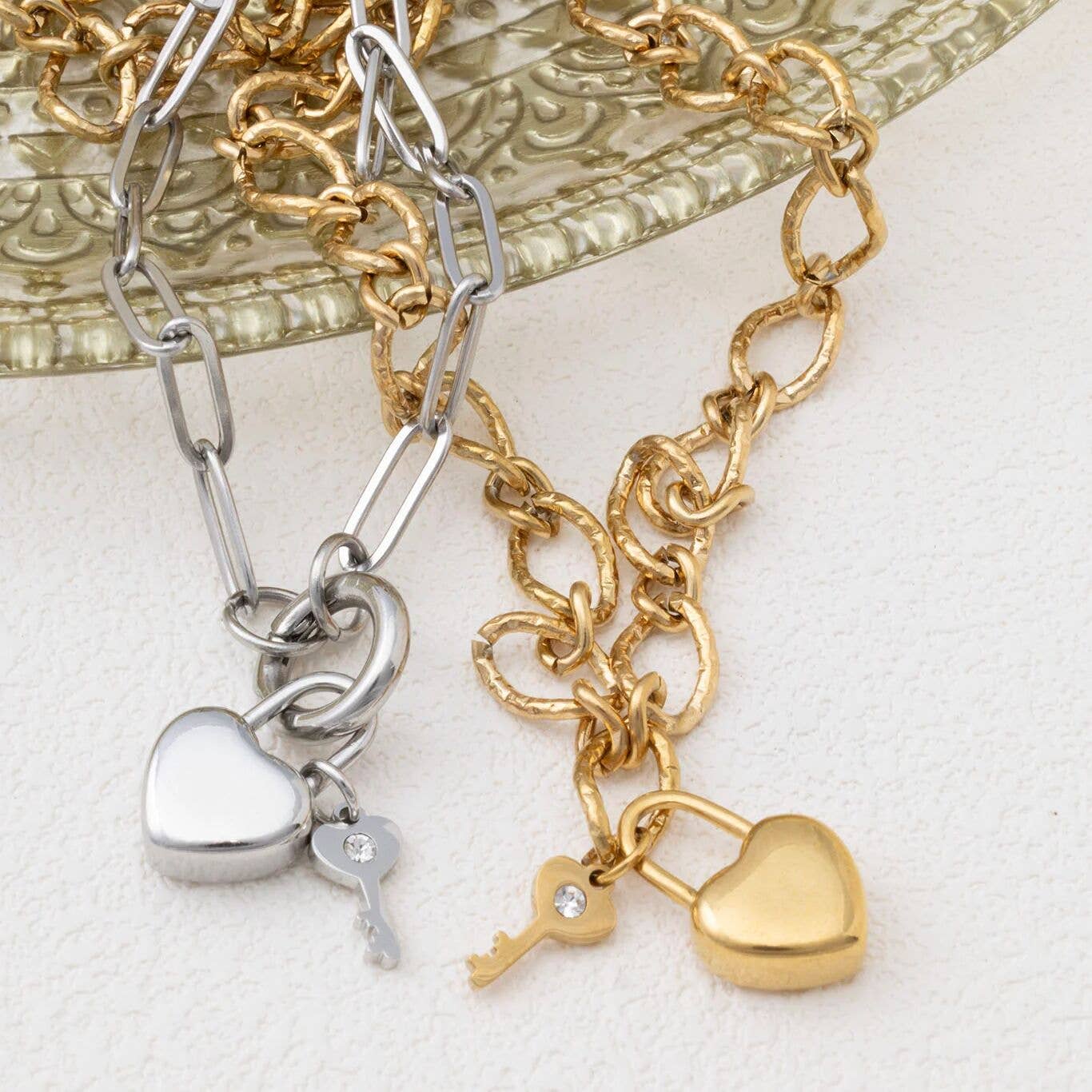 18K Gold PVD Stainless Steel Heart Lock and Key Charm: Stainless