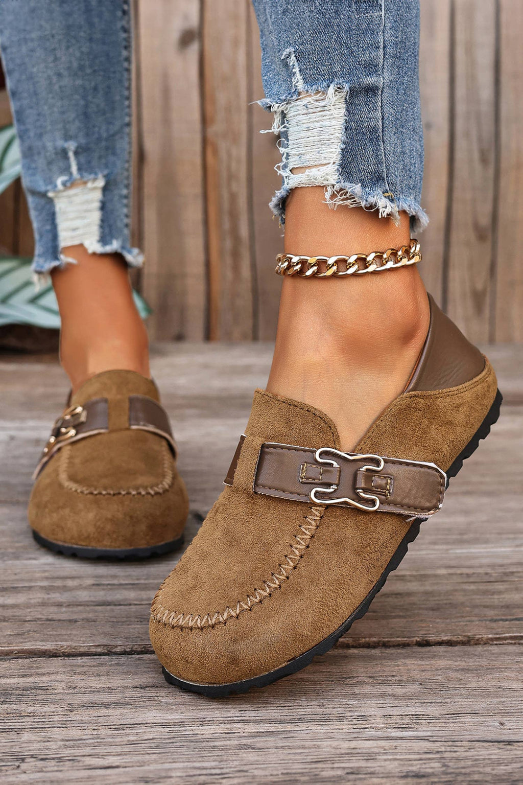 Faux Suede PU Leather Patchwork Retro Buckle Slip On Shoes: Khaki / 8.5(40)