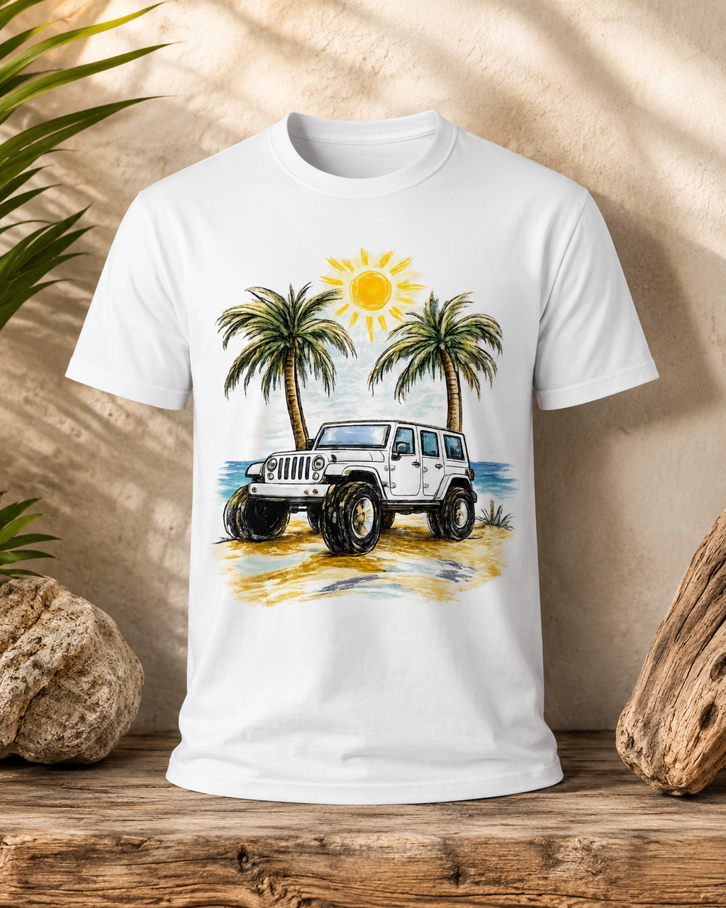Jeep under the palm trees and sun