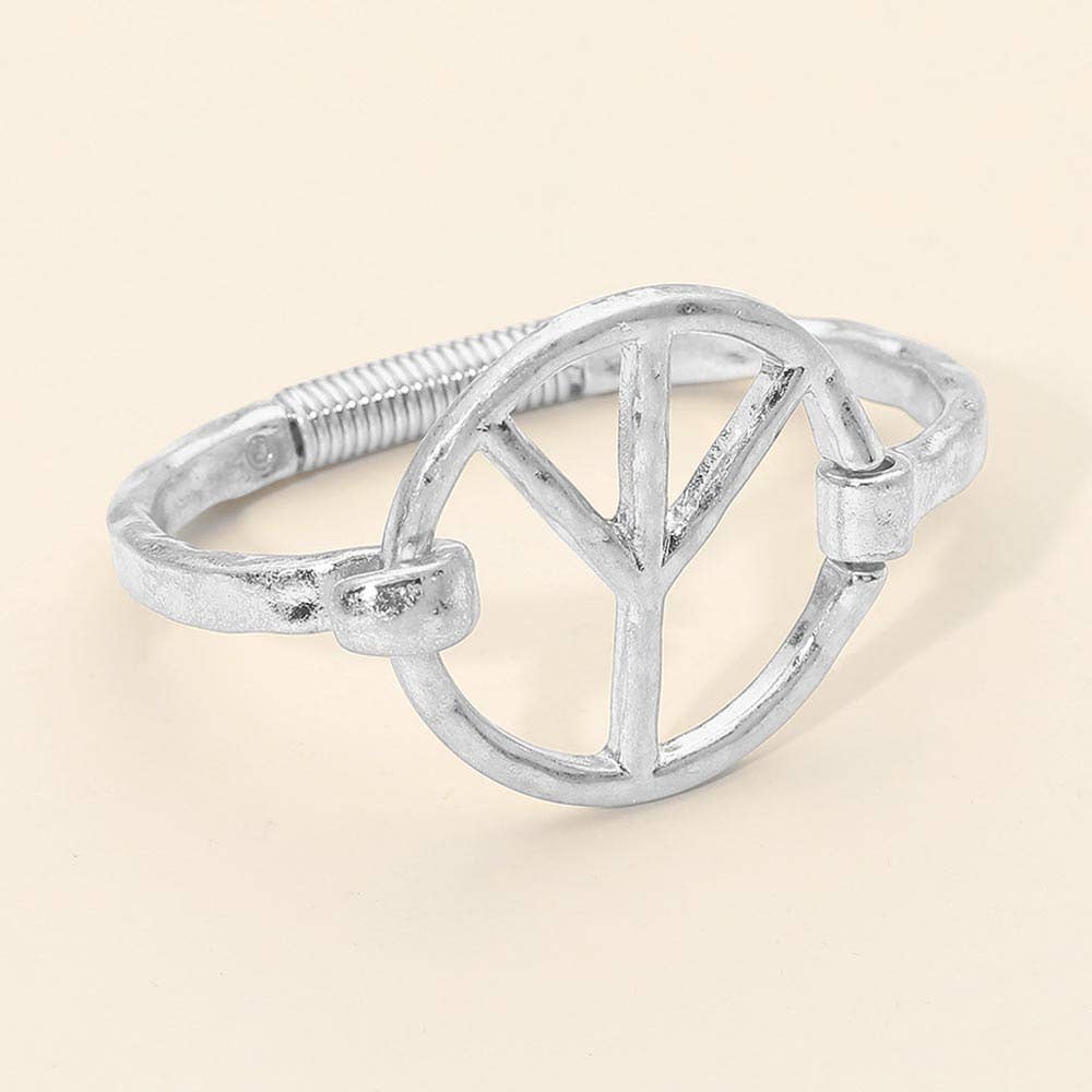 Worn Metal Peace Symbol Bangle Bracelet: Worn Gold