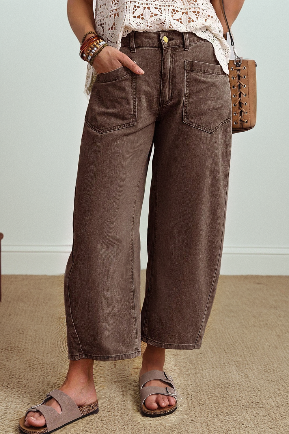 66 Solid Color Square Patch Pocket Ankle-length Barrel Jeans: Brown / 6
