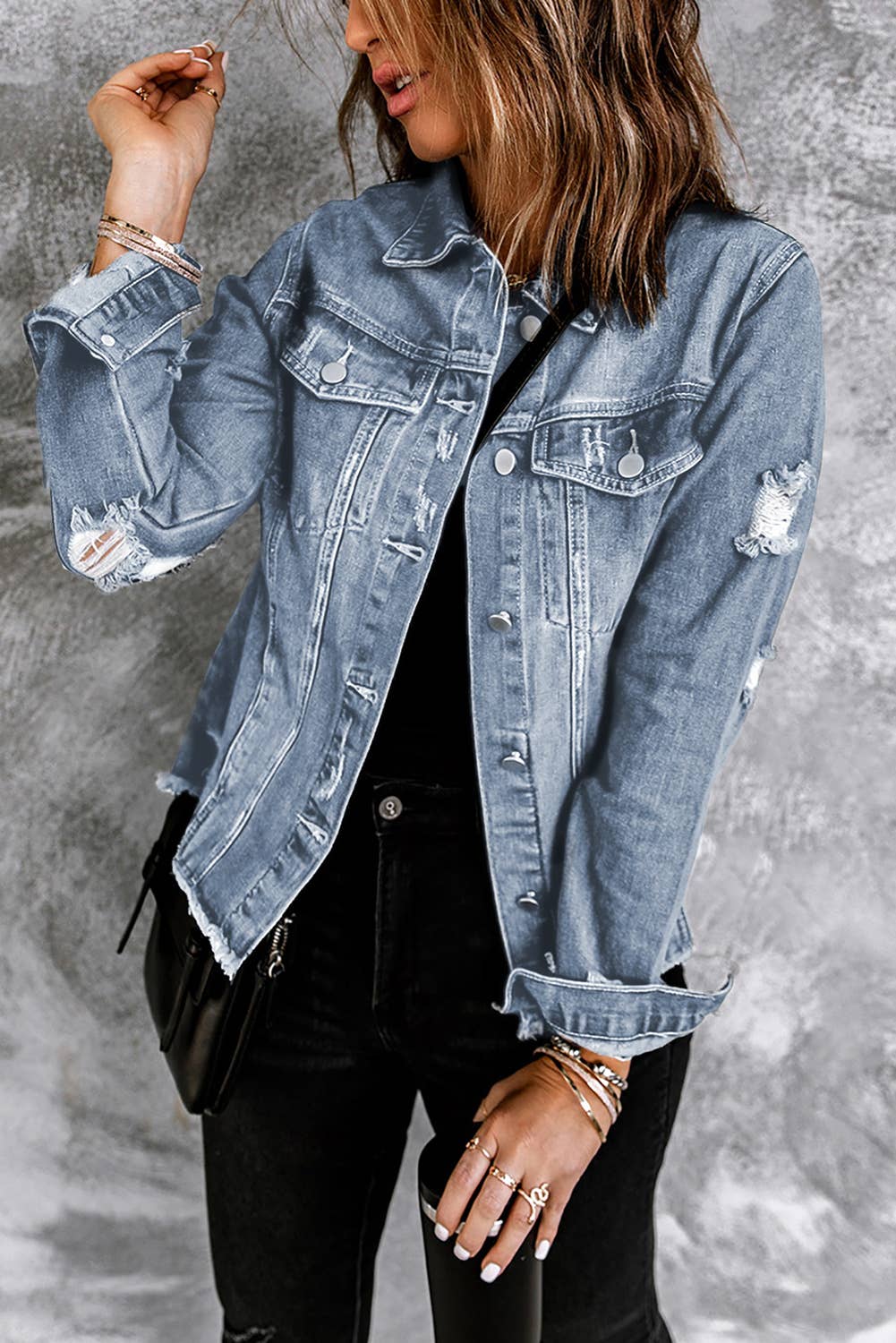 Lapel Distressed Raw Hem Buttons Denim Jacket: Sky Blue / M