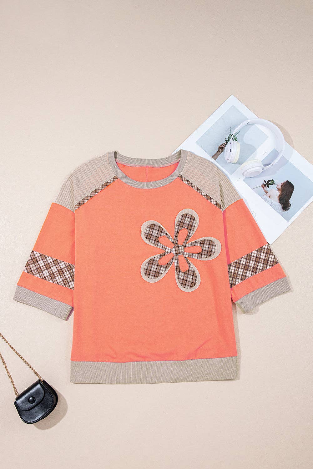 Grapefruit Orange Plaid Waffle Flower Patchwork Bracelet Sleeve Top: Grapefruit Orange / 95%Cotton+5%Elastane / S