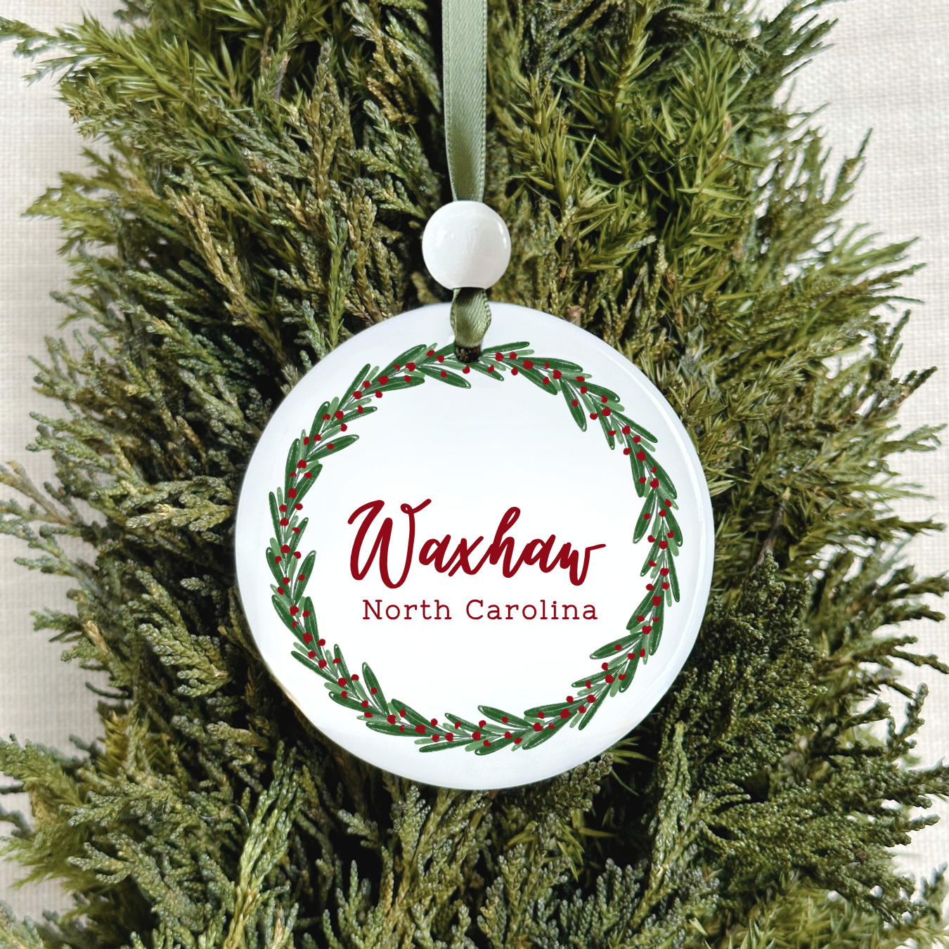 Custom Location Christmas Ornament - Christmas Wreath: Gold