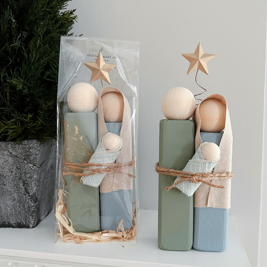 Simple Wooden Nativity Set | Hand-painted | Gift Wrapped: Sage & Dusty Blue