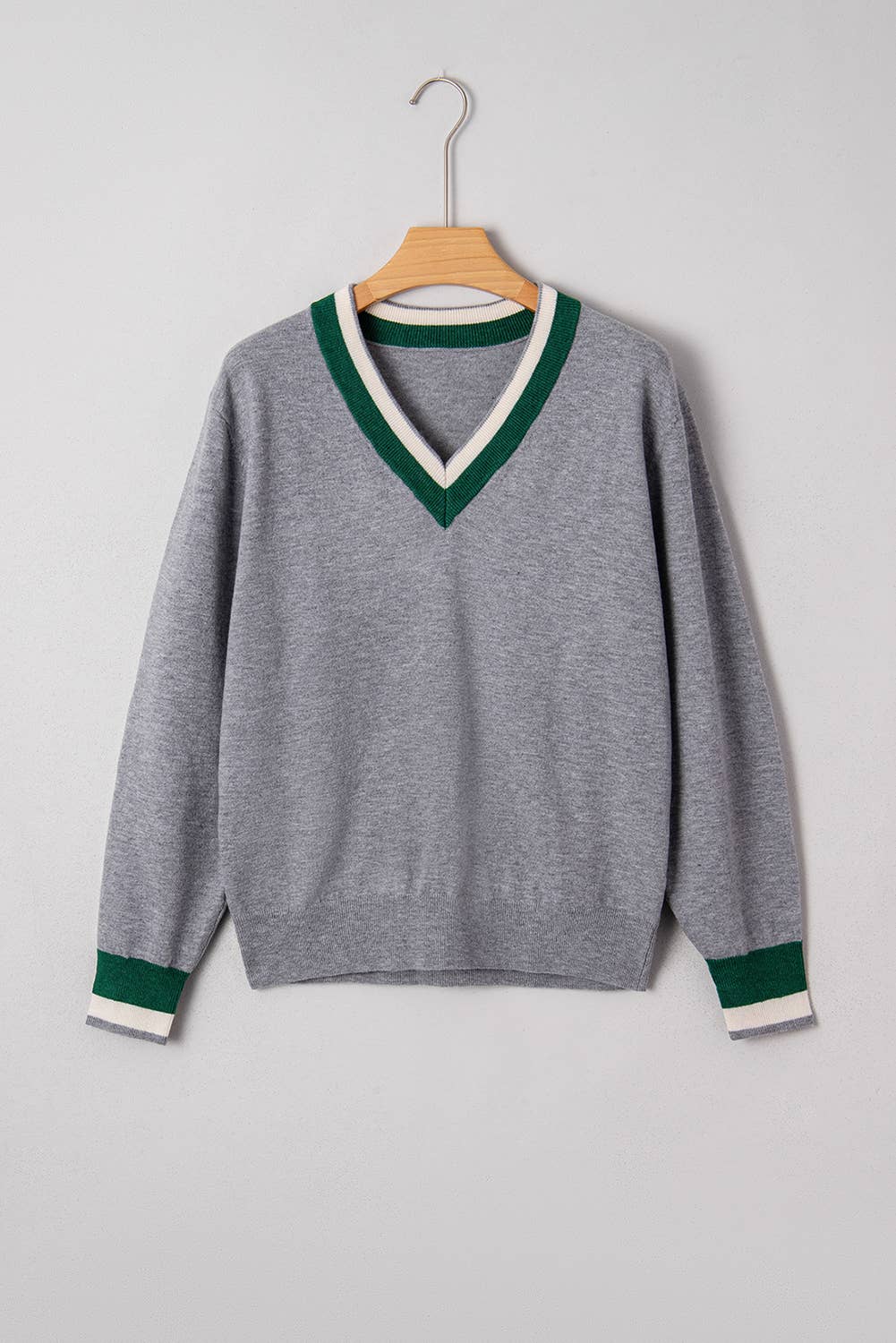 Contrast Striped Trim V Neck Varsity sweaters for women: Dark Khaki / Missy / M