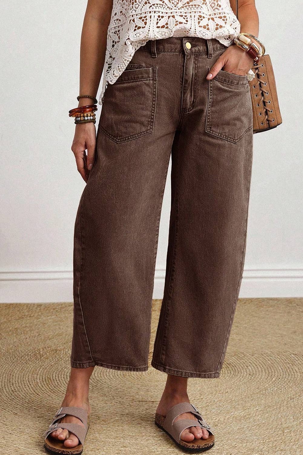 66 Solid Color Square Patch Pocket Ankle-length Barrel Jeans: Brown / 8
