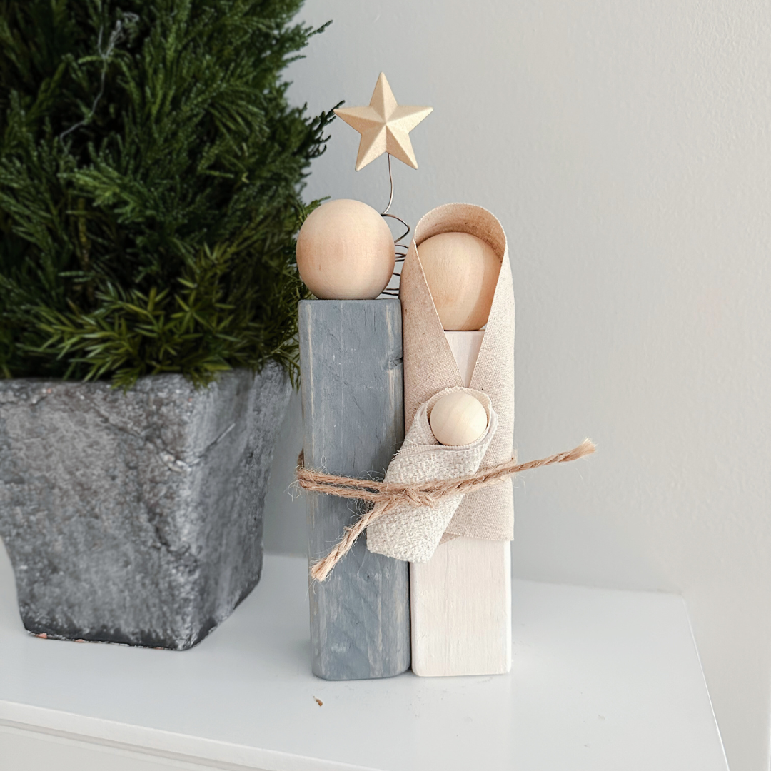 Simple Wooden Nativity Set | Hand-painted | Gift Wrapped: Sage & Dusty Blue