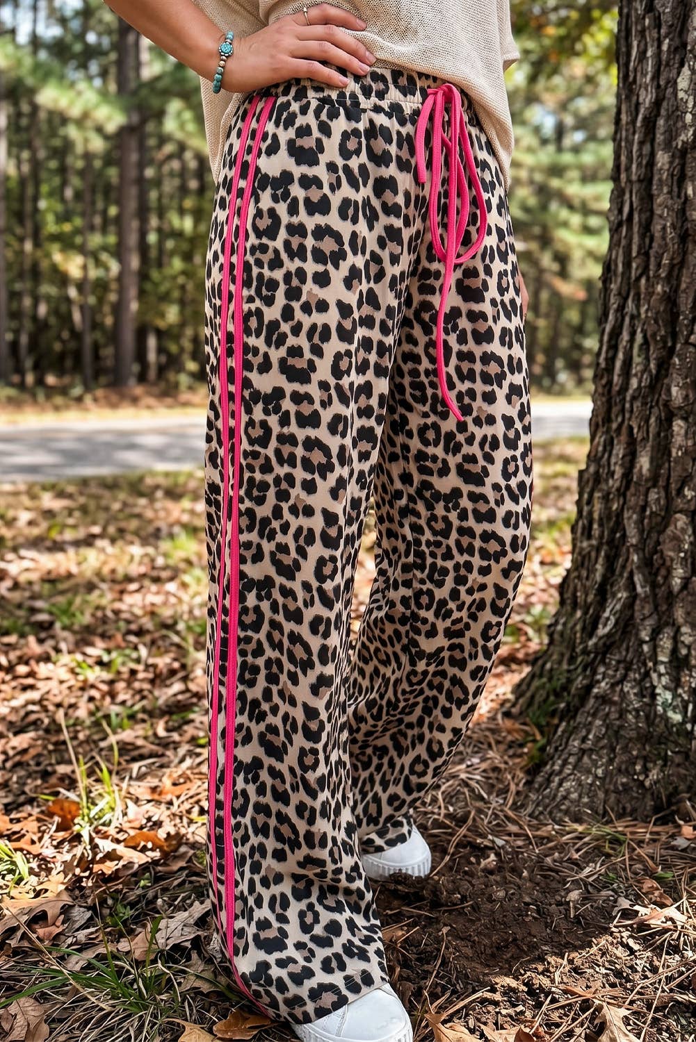 Leopard Print Rose Side Wide leg Stripe Detail Wide Pants: Rose / M