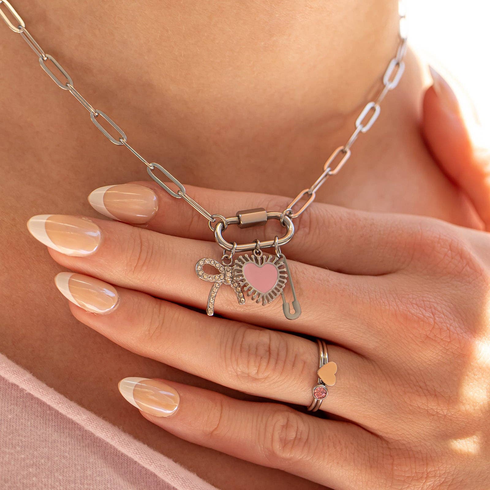 18K Gold PVD Paperclip Carabiner Necklace: Stainless / 16+2"