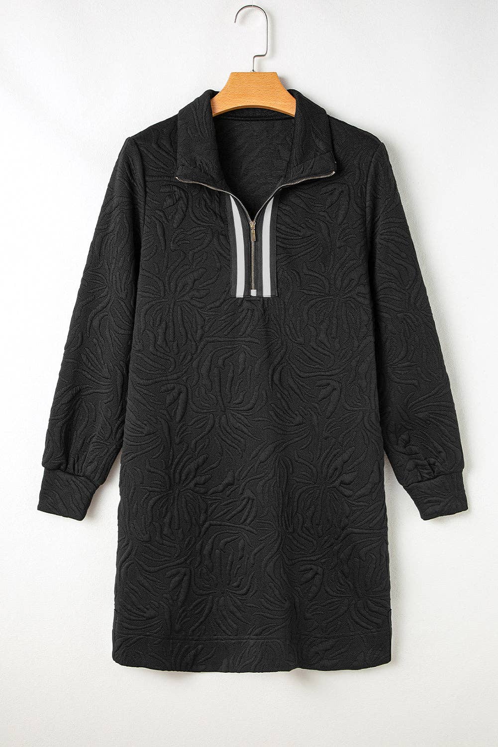 Jacquard Textured Quarter Zipper Shift Mini Dress: Black / 97%Polyester+3%Elastane / S