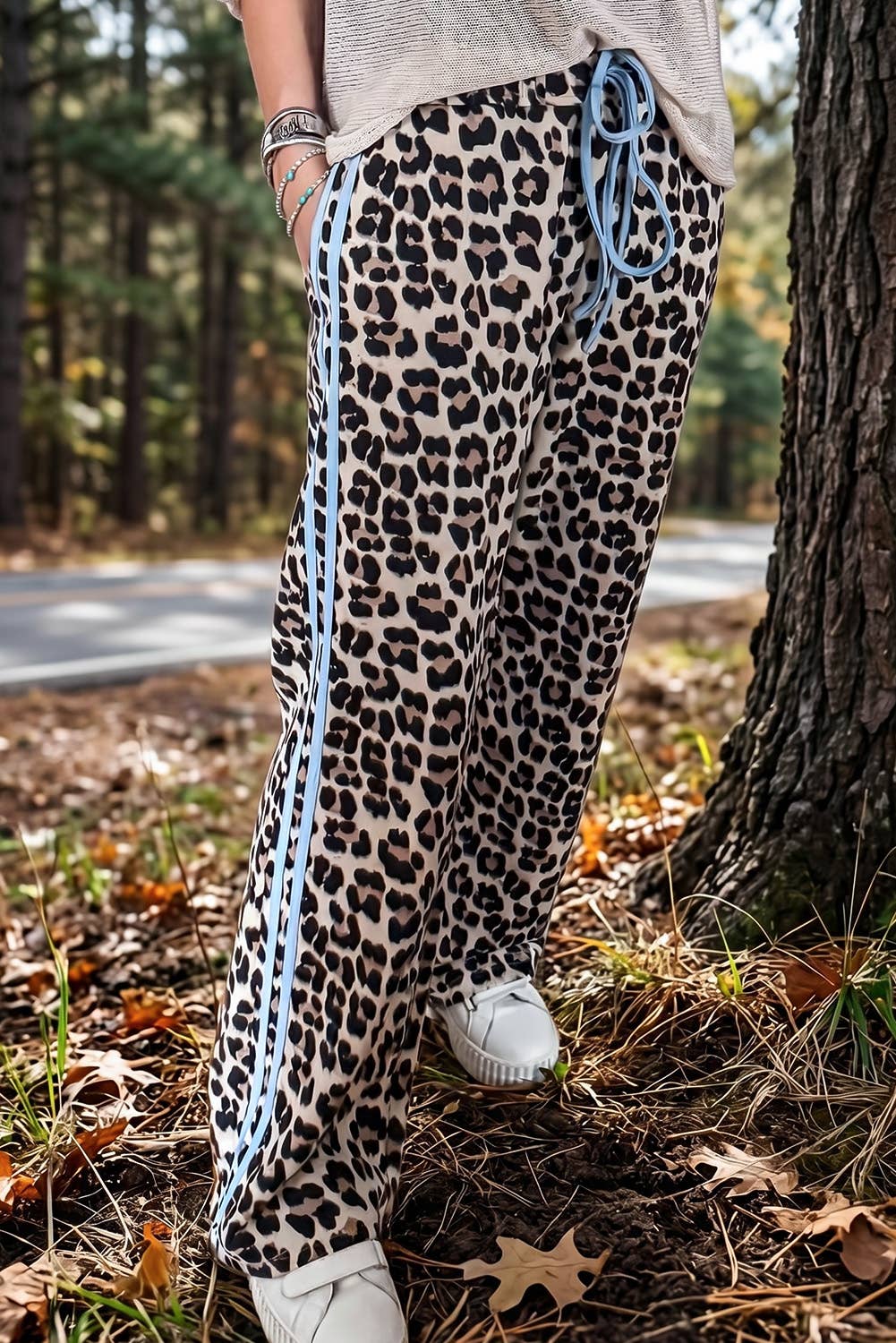 Leopard Print Rose Side Wide leg Stripe Detail Wide Pants: Rose / XL