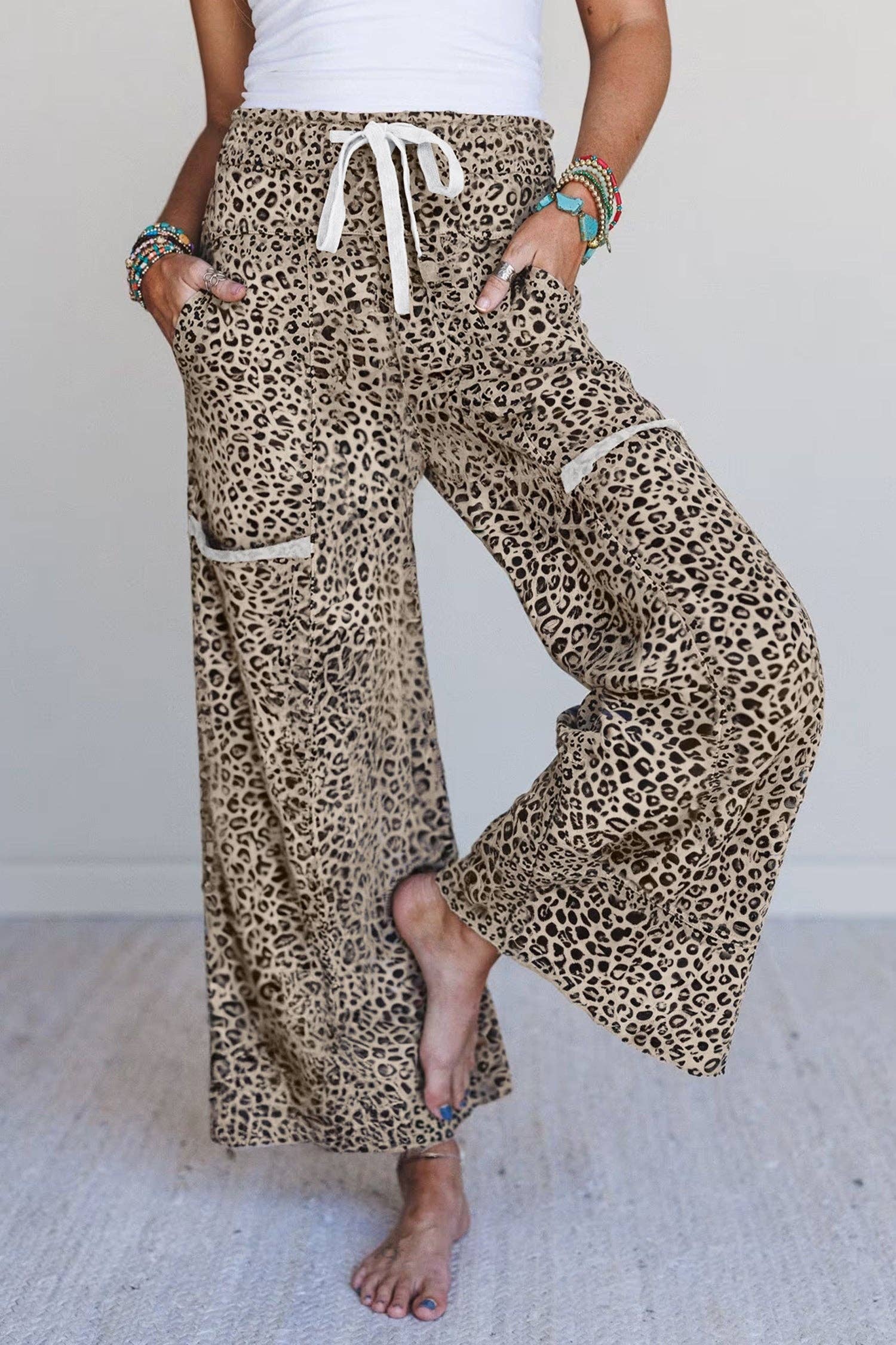 Khaki Animal Print Wide Leg Terry Knit Pants: Khaki / 95%Polyester+5%Elastane / XL