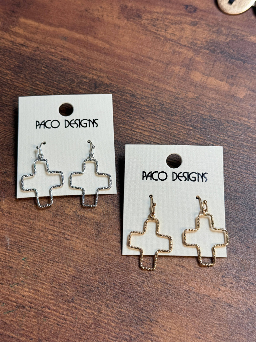 Small Hammered Cross Outline Earrings: Gold