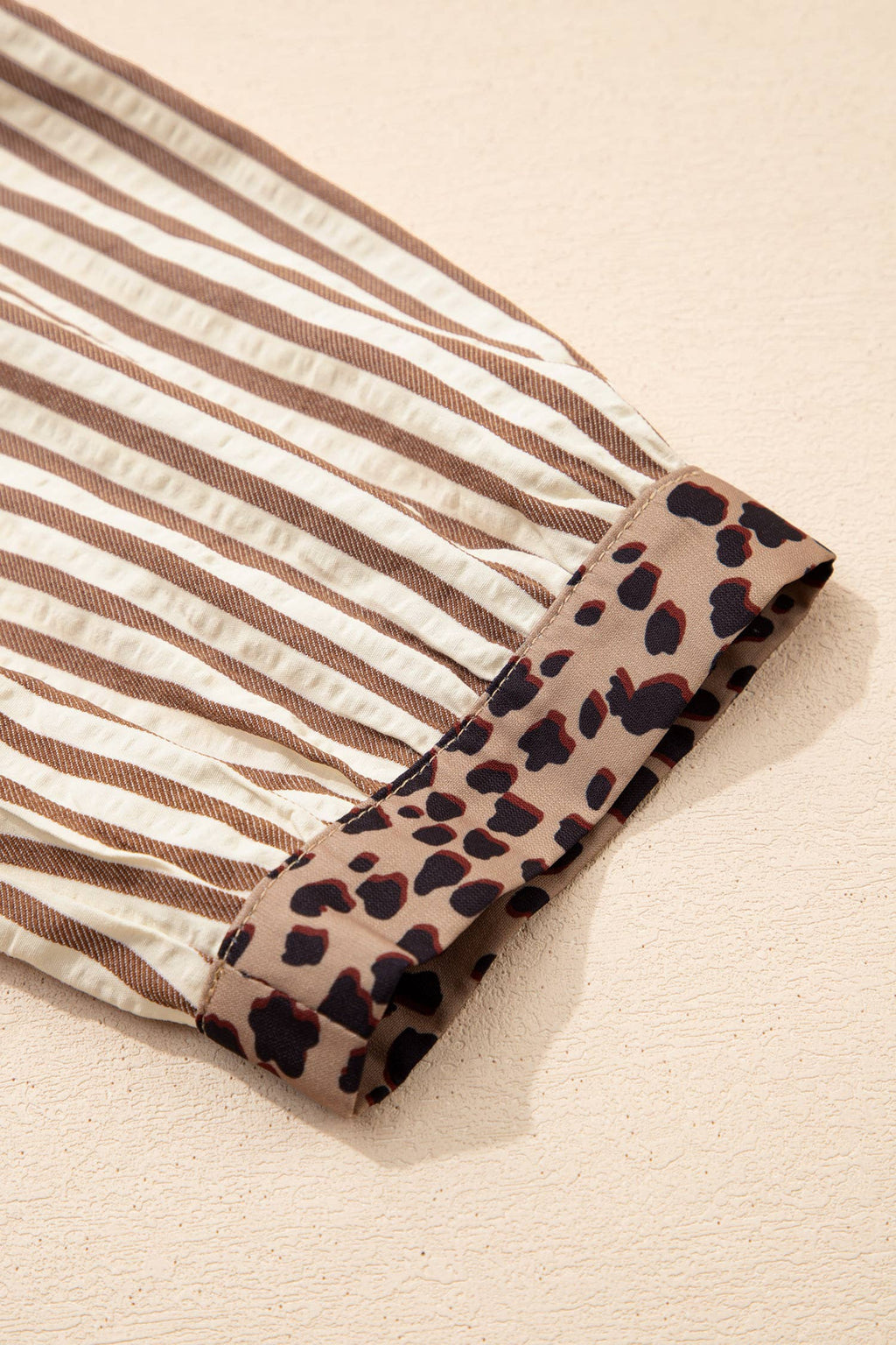 Stripe Button Leopard Trim Bracelet Sleeve Dress (S-XL): Brown / Missy / M