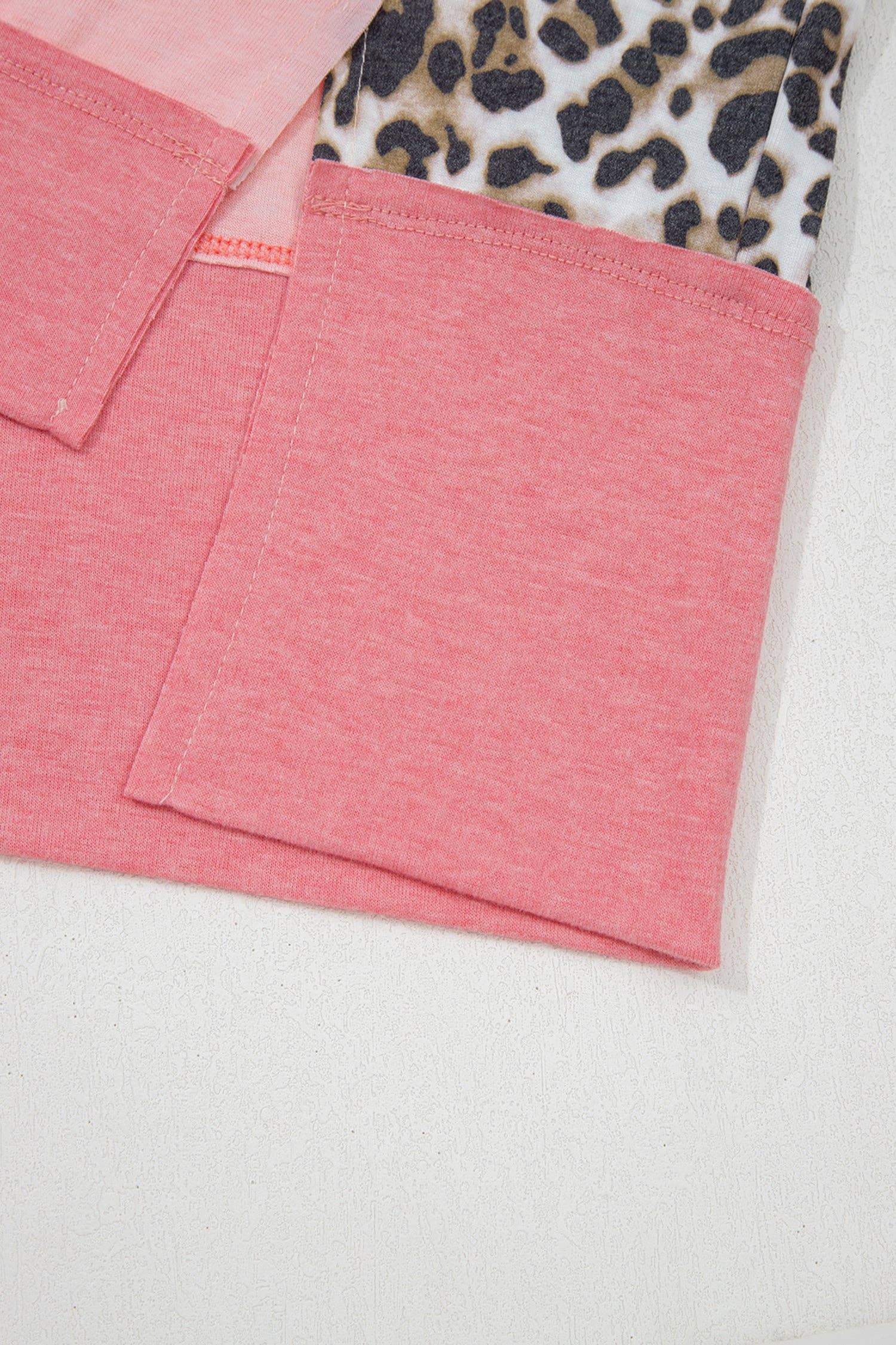 Color Block Leopard Dolman Sleeve High Low Baggy Sweatshirt: Light Pink / 75%Polyester+20%Viscose+5%Elastane / L