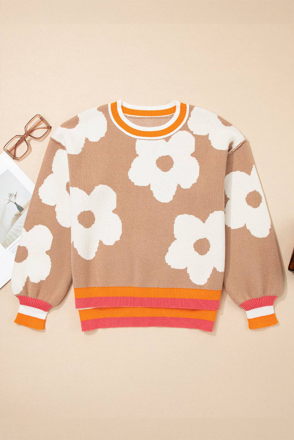 Flower Colorblock Contrast Stripe Baggy Sweater: Smoke Gray / XL