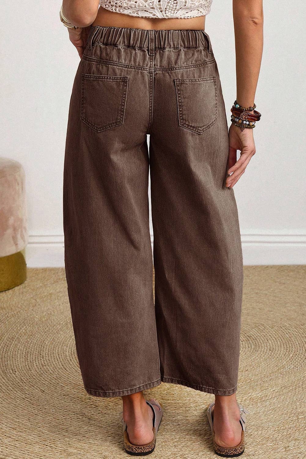 66 Solid Color Square Patch Pocket Ankle-length Barrel Jeans: Brown / 8