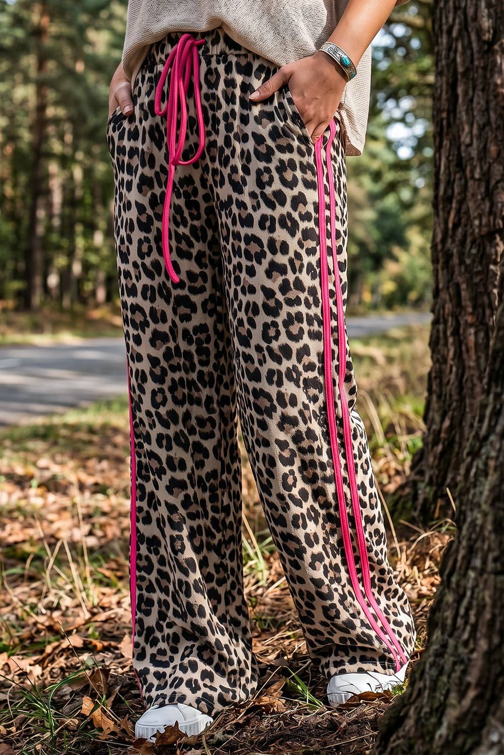 Leopard Print Rose Side Wide leg Stripe Detail Wide Pants: Rose / S