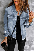 Lapel Distressed Raw Hem Buttons Denim Jacket: Sky Blue / M