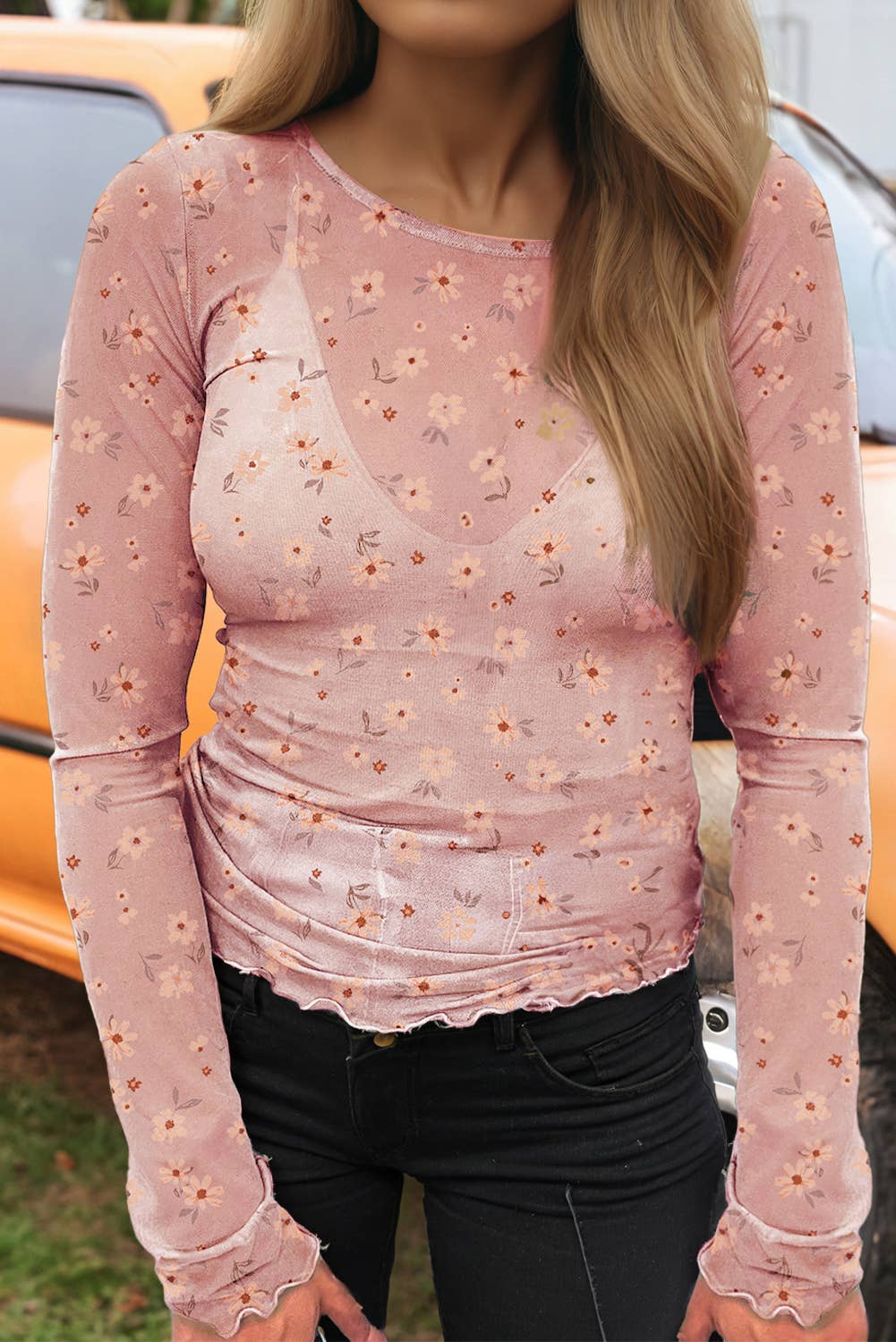 Western Vintage Floral Print Southern Mesh Long Sleeve Top: As shown / Missy / L