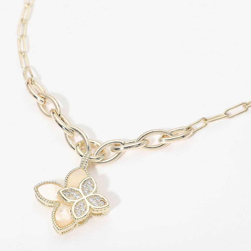 14K Gold Plated Double CZ Mother of Pearl Floral Charm Pendant Necklace