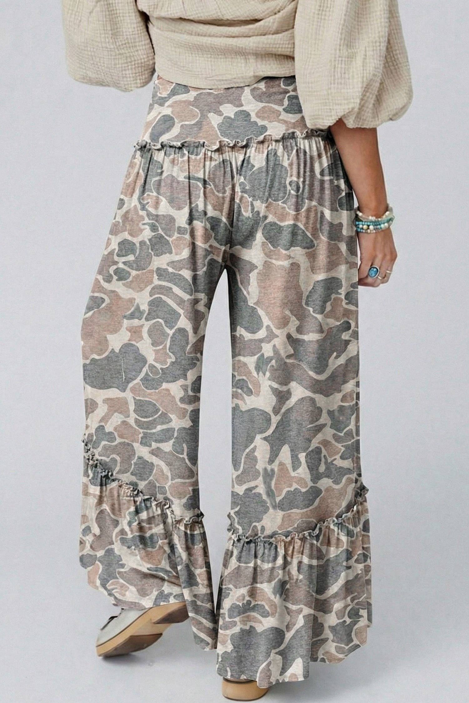 Camo Print Wide Leg Casual Pants: Multicolour / 95%Polyester+5%Elastane / XL