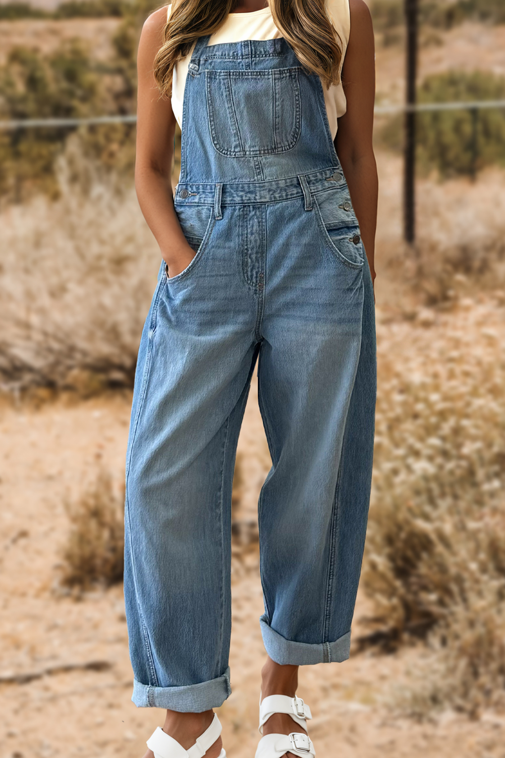 Fashion-W Adjustable Buckle Barrel Denim Overalls: Dusk Blue / M
