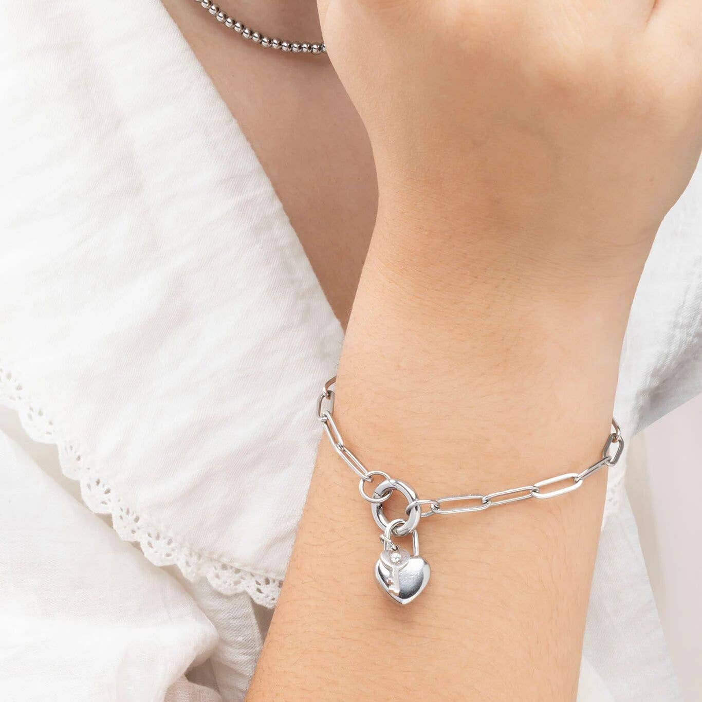 18K Gold PVD Stainless Steel Heart Lock and Key Charm: Stainless