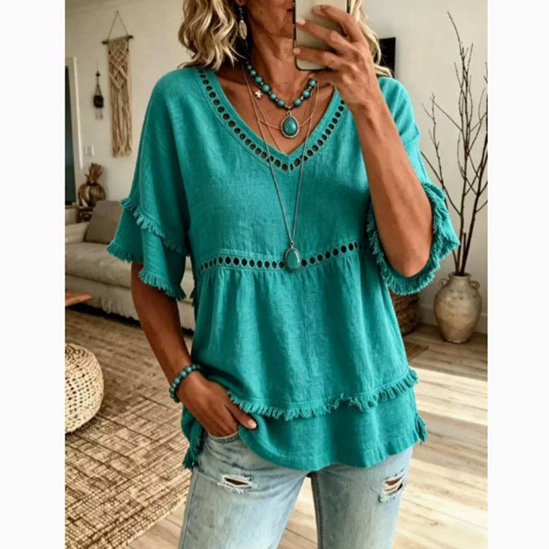 Boho Linen V Neck Blouse Eyelet Ruffle Sleeve: White / 30%cotton70%linen / L