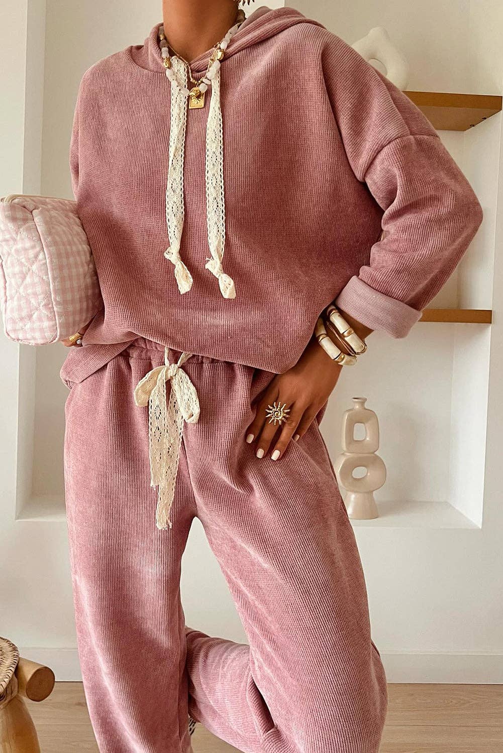 Parchment Leopard Drawstring Pullover Hoodie and High Waist Pants Corduroy Suit: Parchment / 42.5%Polyester+40%Viscose+16%Polyamide+1.5%Elastane / L