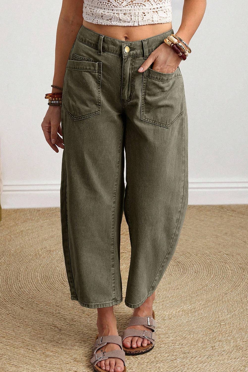 66 Solid Color Square Patch Pocket Ankle-length Barrel Jeans: Brown / 8