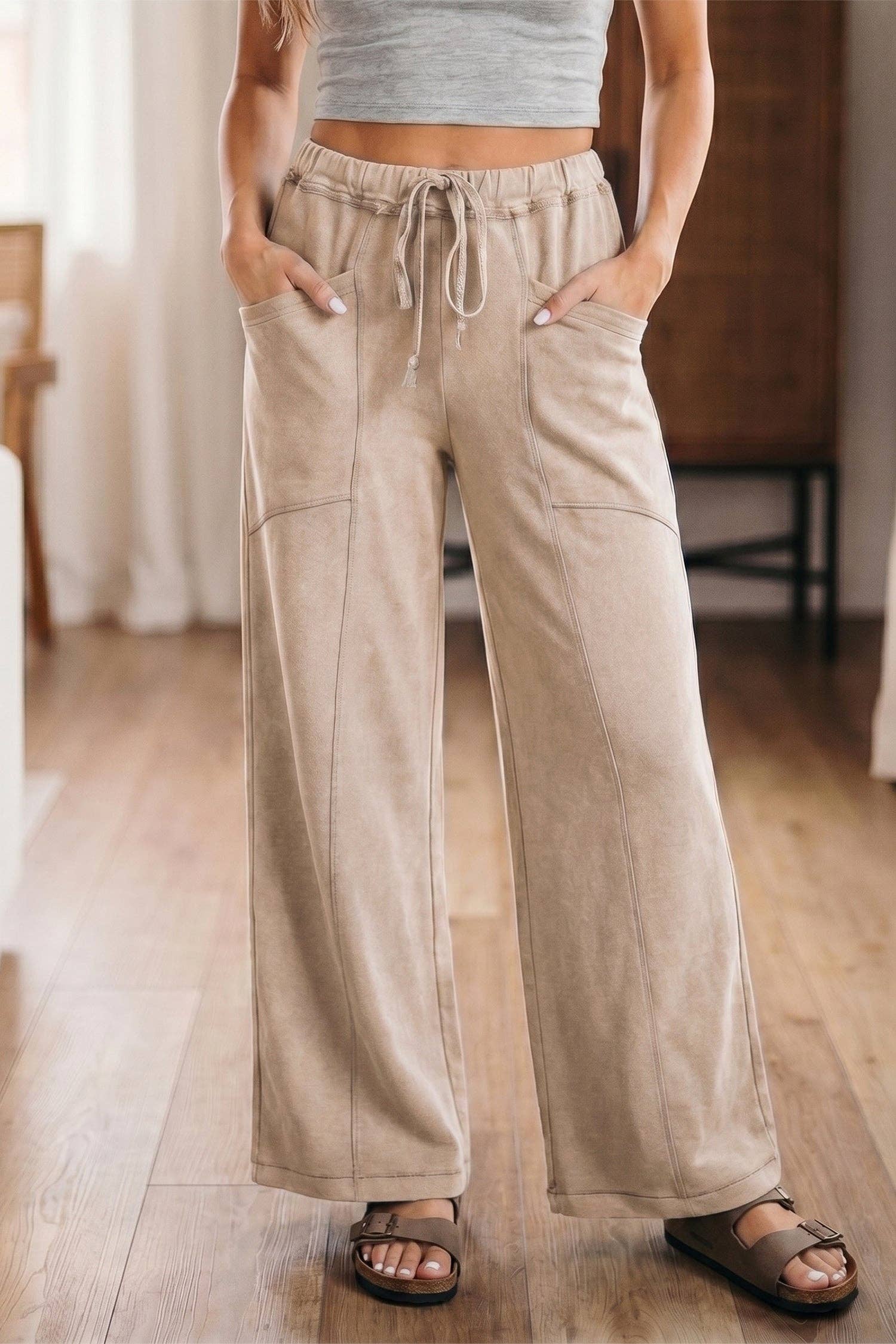 Ashleigh Blue Mineral Wash Drawstring Retro High Waist Wide Leg Western Pants: Ashleigh Blue / 100%Cotton / S