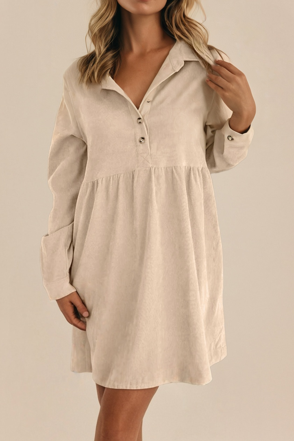 Corduroy Half Button Collared Long Sleeve Mini Fall Dress: Beige / Missy / L