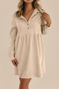 Corduroy Half Button Collared Long Sleeve Mini Fall Dress: Beige / Missy / L