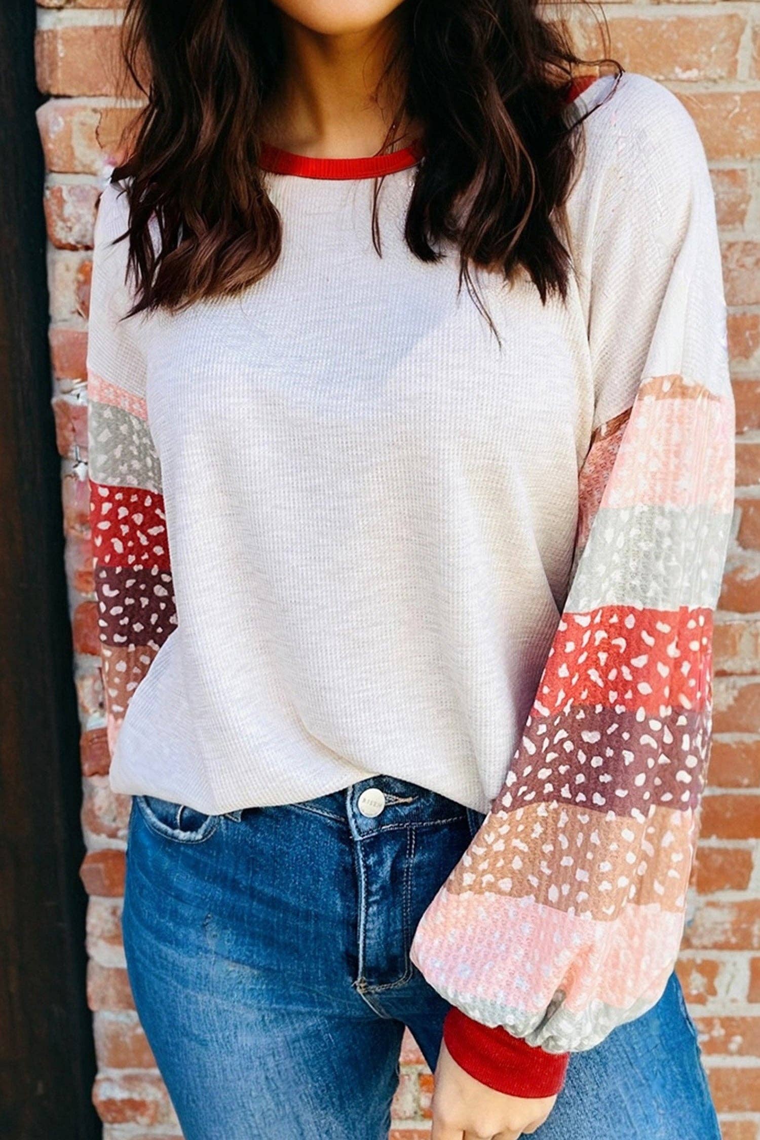 Jet Stream Contrast Leopard Color Block Sleeve Loose Pullover: Jet Stream / 75%Polyester+25%Cotton / S