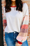 Jet Stream Contrast Leopard Color Block Sleeve Loose Pullover: Jet Stream / 75%Polyester+25%Cotton / M