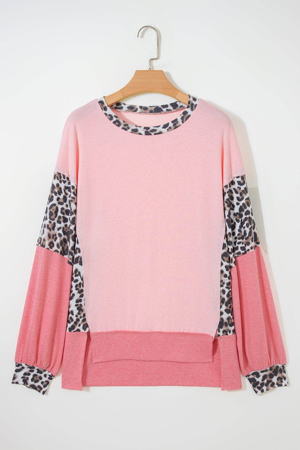 Color Block Leopard Dolman Sleeve High Low Baggy Sweatshirt: Light Pink / 75%Polyester+20%Viscose+5%Elastane / S