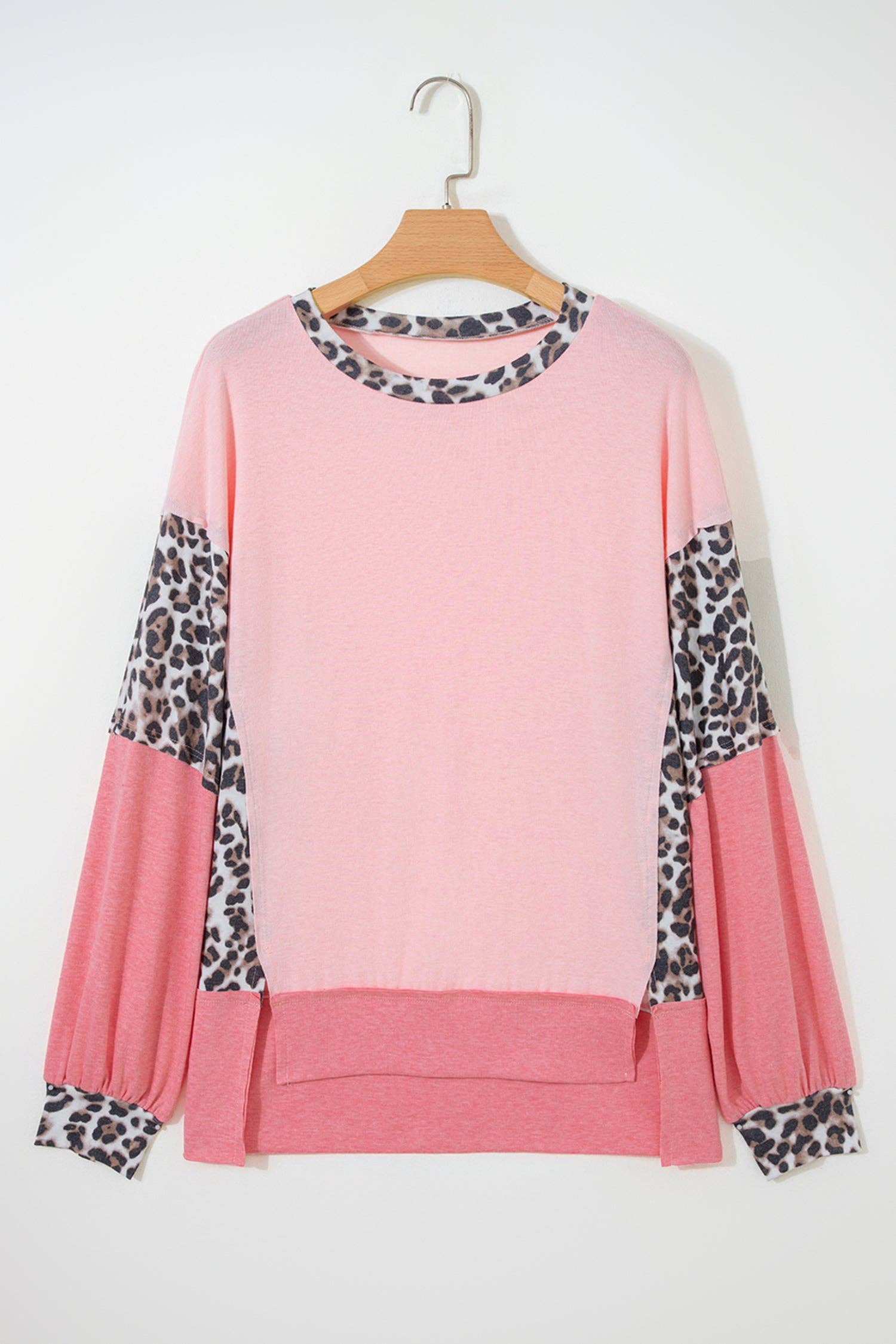 Color Block Leopard Dolman Sleeve High Low Baggy Sweatshirt: Light Pink / 75%Polyester+20%Viscose+5%Elastane / XL