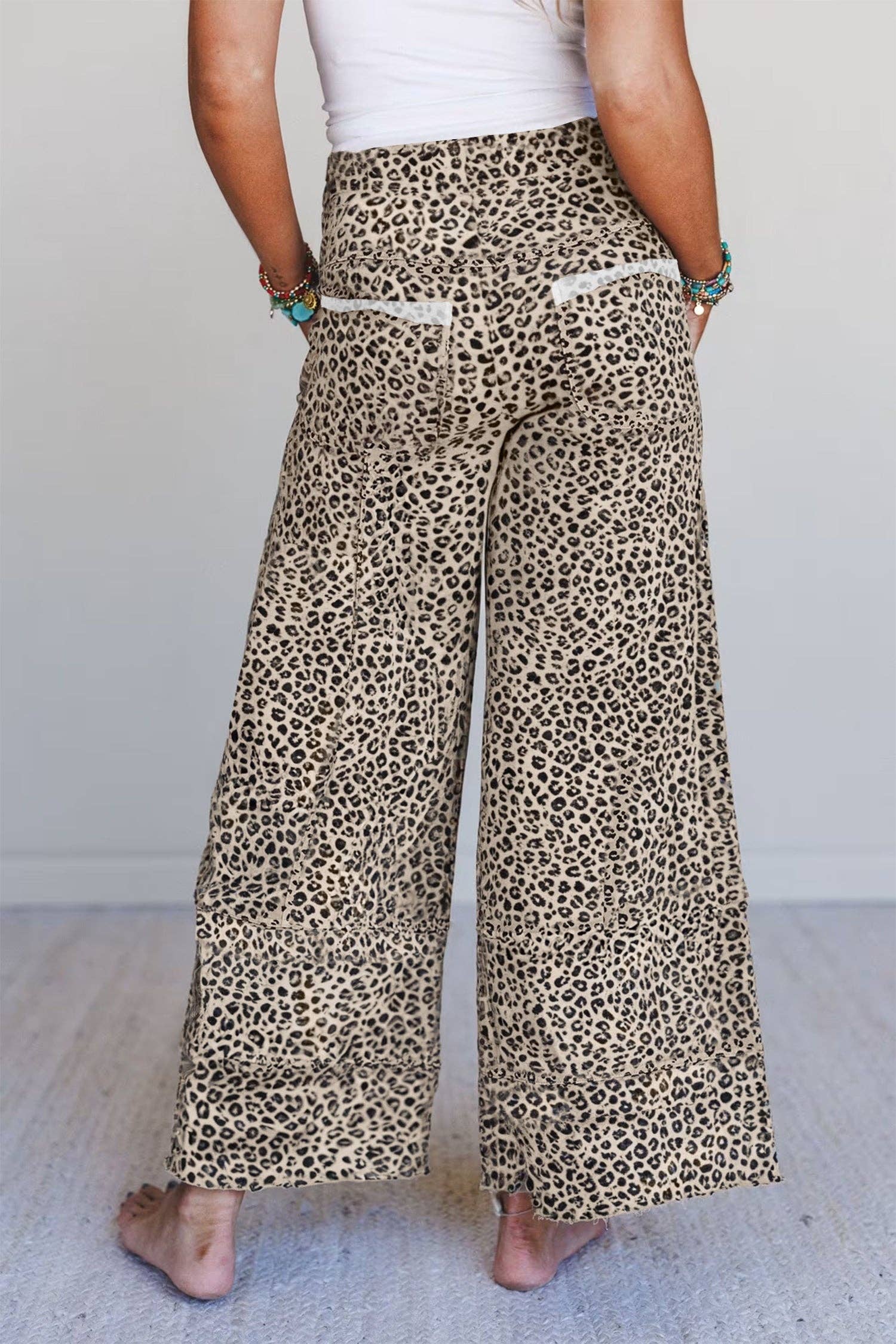 Khaki Animal Print Wide Leg Terry Knit Pants: Khaki / 95%Polyester+5%Elastane / XL