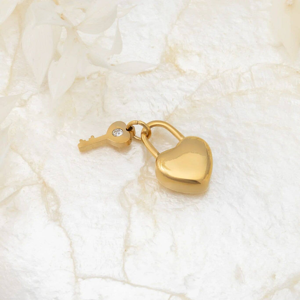 18K Gold PVD Stainless Steel Heart Lock and Key Charm: Stainless