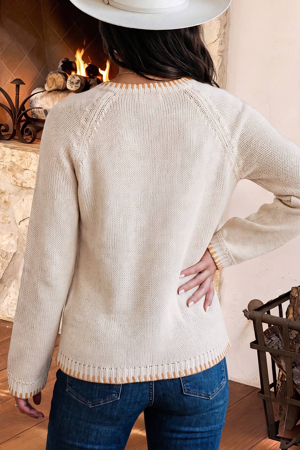 Floral Embroidery Pumpkin Long Sleeve Round Neck Sweater: Parchment / S