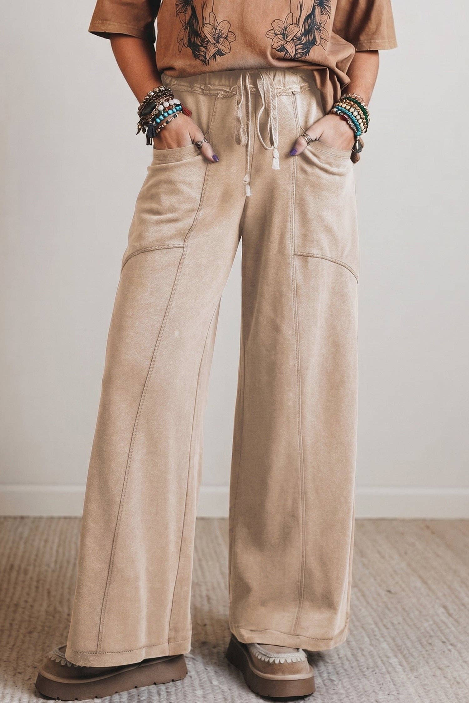 Ashleigh Blue Mineral Wash Drawstring Retro High Waist Wide Leg Western Pants: Ashleigh Blue / 100%Cotton / S