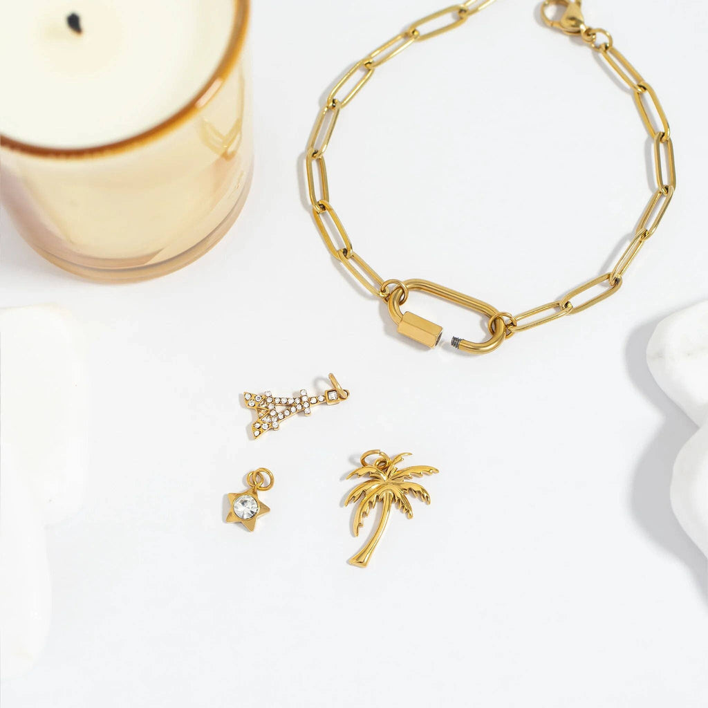 18K Gold PVD Stainless Steel Palm Tree Charm: Gold